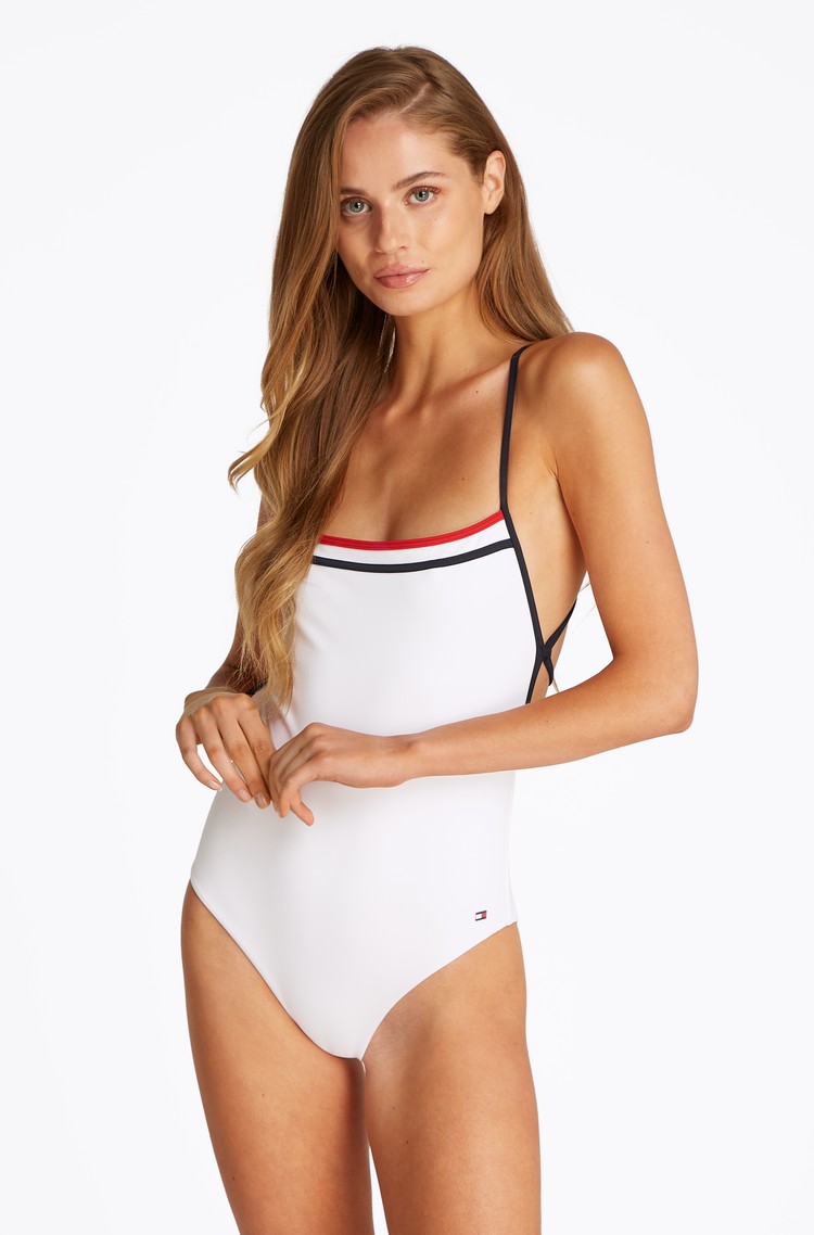 TOMMY HILFIGER Global Stripe enodelne kopalke s kvadratnim izrezom Bela - White 