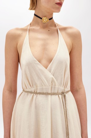 BLUGIRL Maxi dress with open back and shiny drawstring belt Beige 3