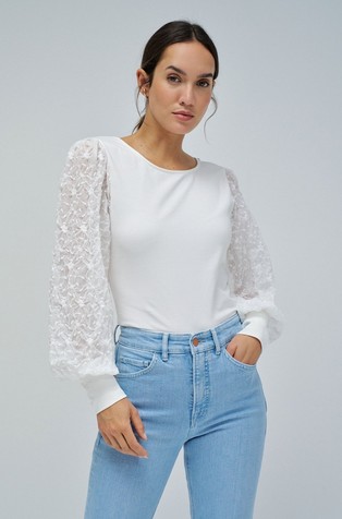 Top with embroidered puff sleeves