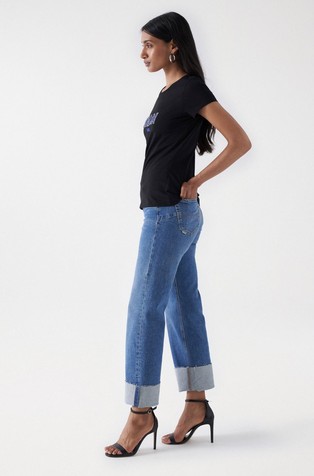 SALSA JEANS Bombažna majica z logotipom iz okrasnih kamenčkov Črna - Black 2