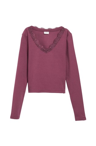 Slim fit majica z dolgimi rokav in čipko