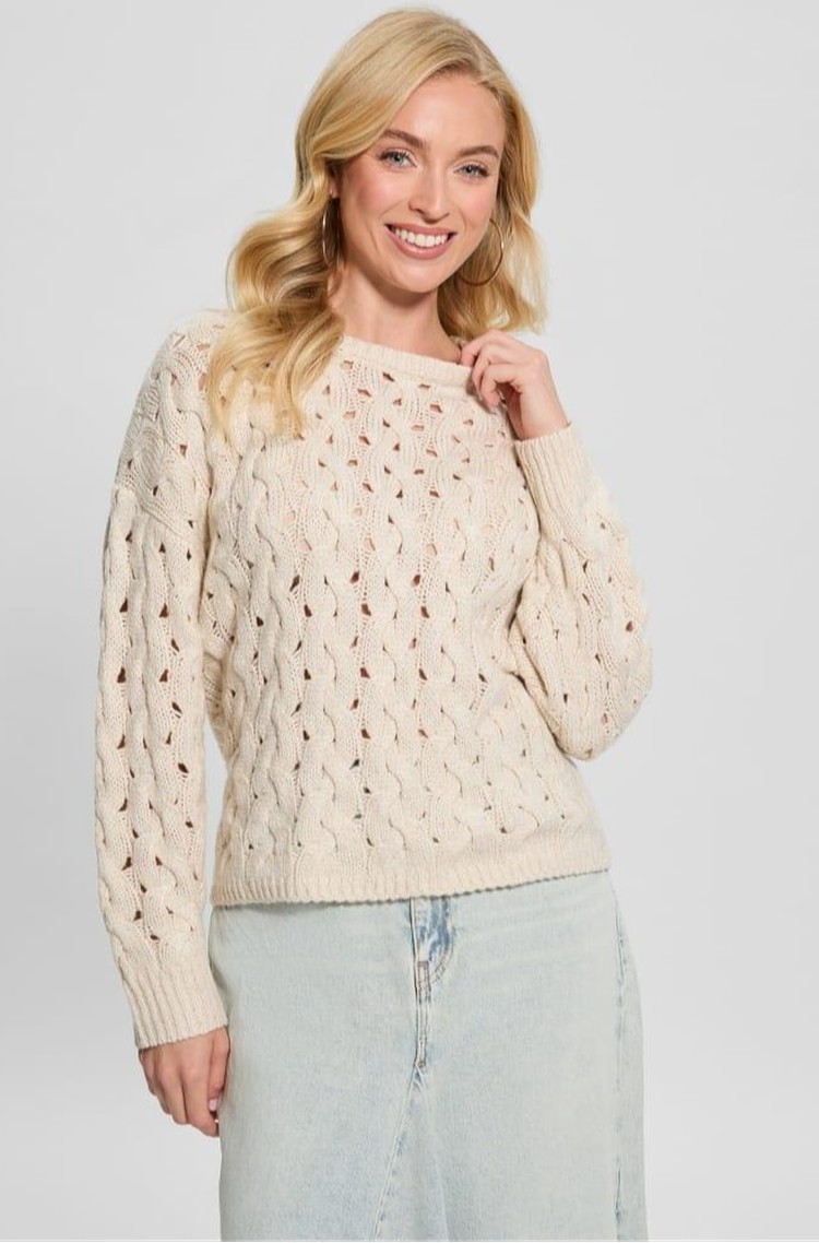 GUESS Knit openwork sweater with metallic fibers Beige 