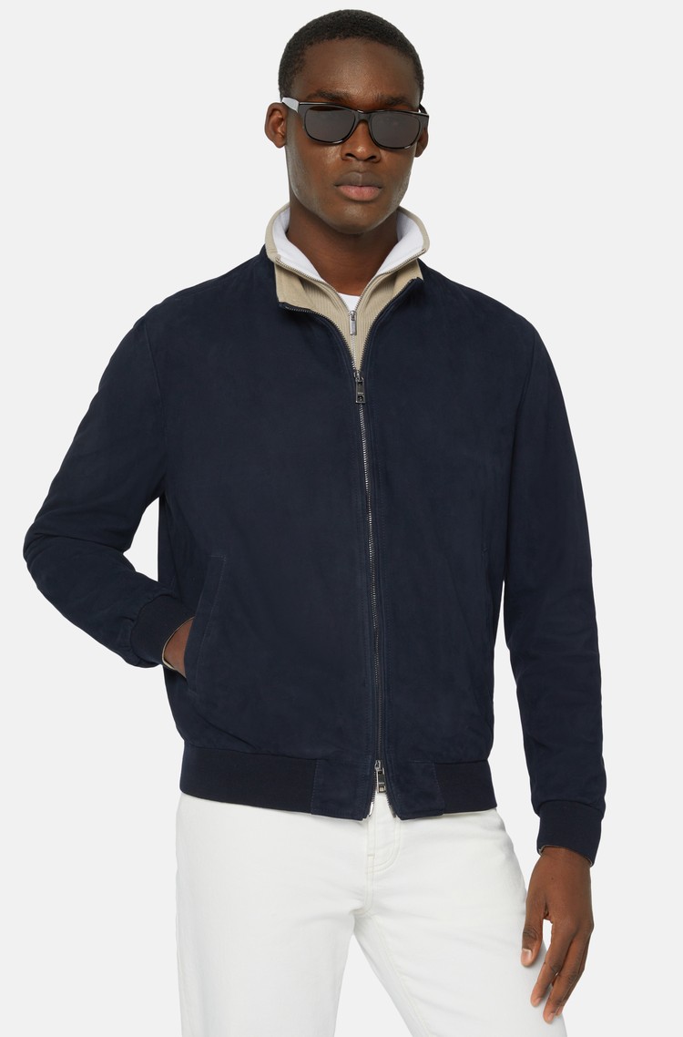 BOGGI MILANO Bomber Jacket in Genuine Suede Leather Blue 