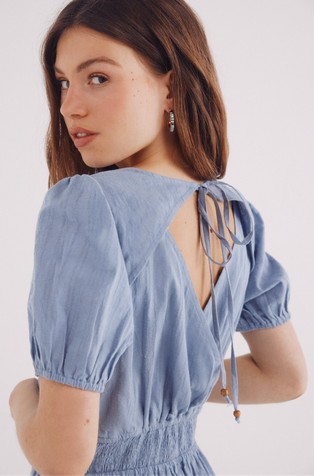 SPRINGFIELD Cotton midi dress with puff sleeves Blue 4