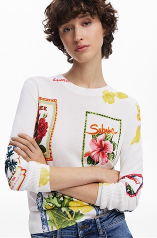 DESIGUAL Pleten pulover s tropskim potiskom Bela - White / Multi 4