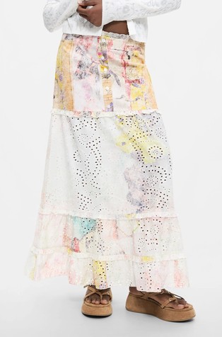 Floral printed skirt with eyelet embroidery