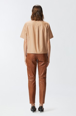 PINKO Striped cotton short-sleeved shirt Brown / White 2