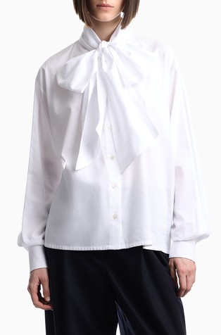 Shirt with wide scarf that ties into a bow