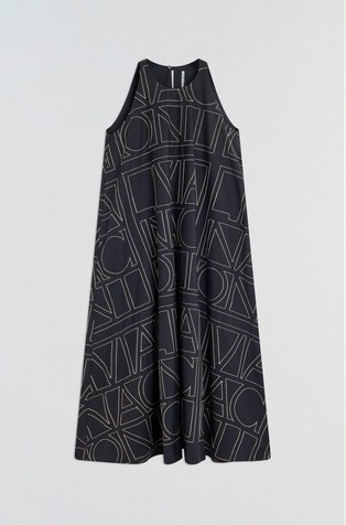 Flared sleeveless dress with logo pattern
