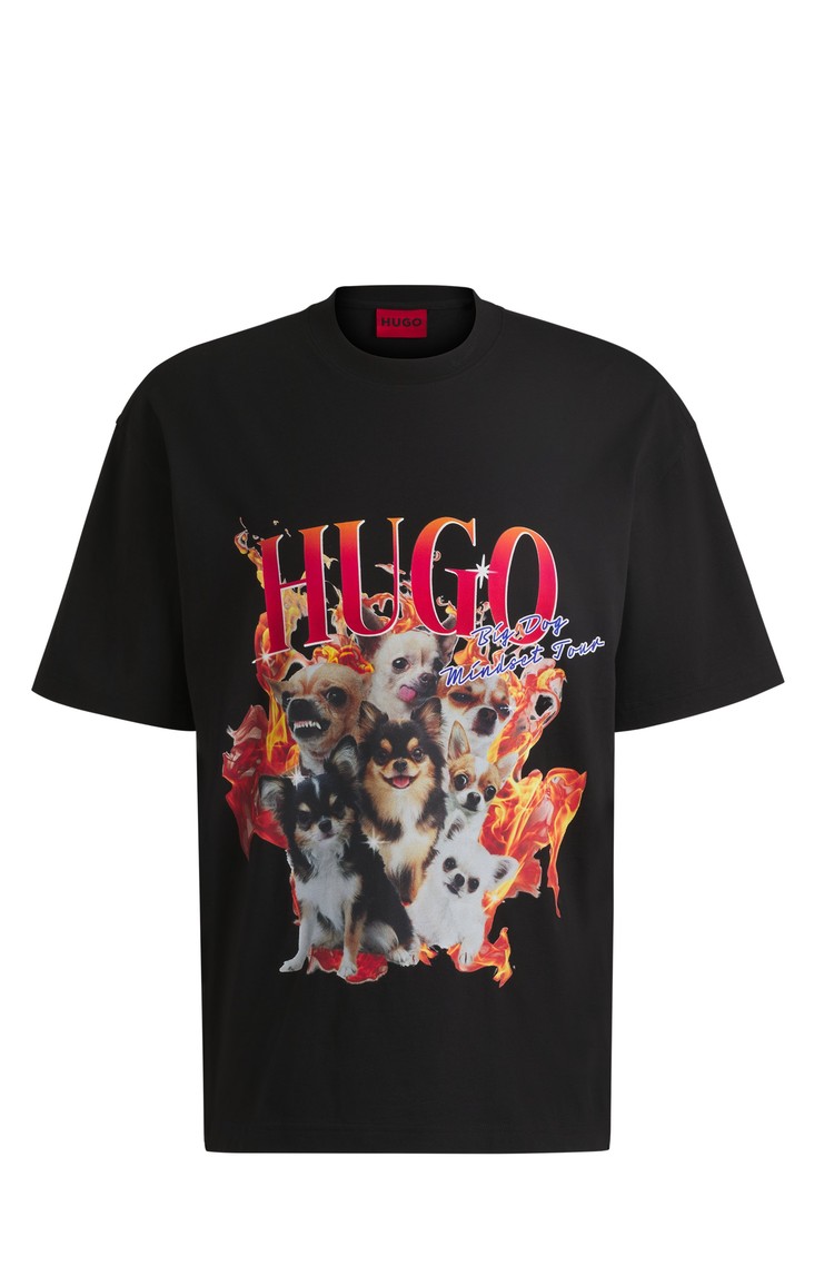HUGO BOSS Oversized fit bombažna majica z grafiko psov Črna - Black 