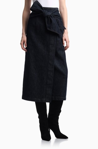 Cotton denim skirt with self-tie belt