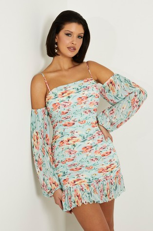 Floral pleated print mini dress