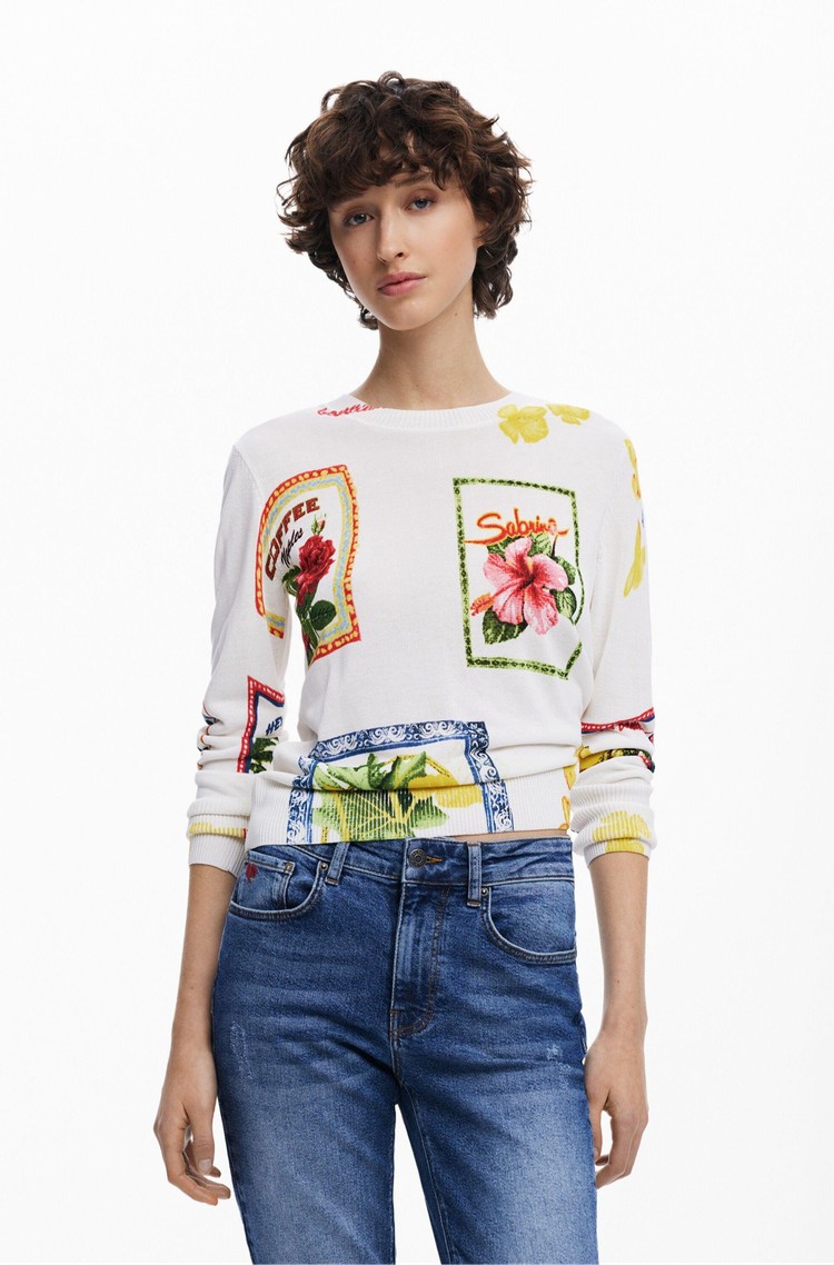 DESIGUAL Pleten pulover s tropskim potiskom Bela - White / Multi 