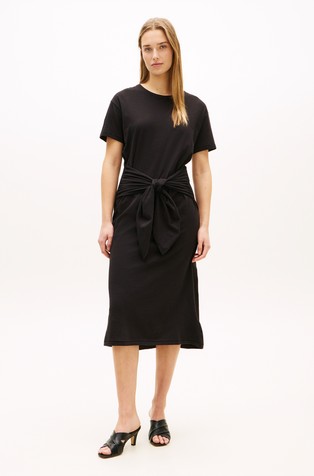 Relaxed fit midi obleka s kratkimi rokavi in trakom za zavezovanje