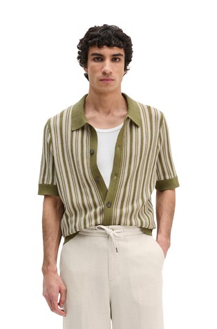 Črtasta pletena polo jopa s kratkimi rokavi iz bombaža in lana