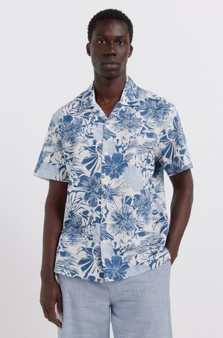 Printed cotton and linen short sleeve shirt