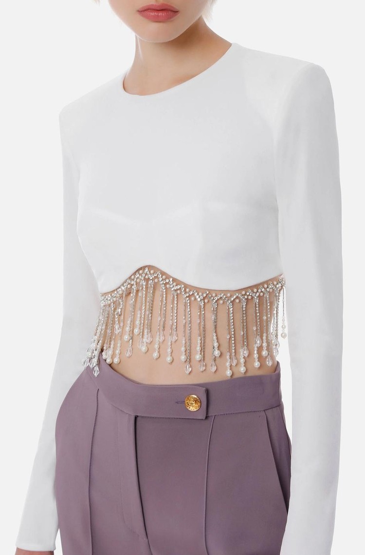 ELISABETTA FRANCHI Velvet crop sweater with beads White 
