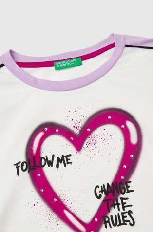 BENETTON Cropped majica s potiskom in okrasnimi kamenčki Bela - White 3