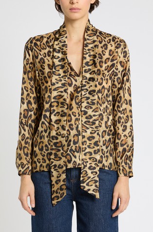 Habutai patterned silk shirt with bow