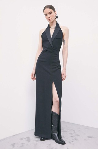 Evening dress with tuxedo lapels and open back