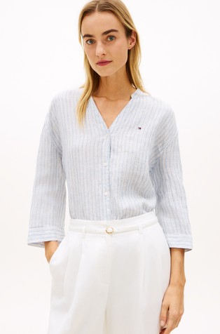 Relaxed fit črtasta lanena srajca