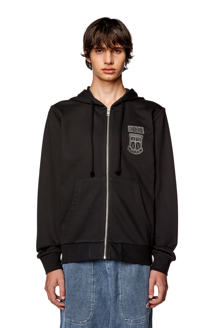 DIESEL Zip-up hoodie with crest logo patch Black 