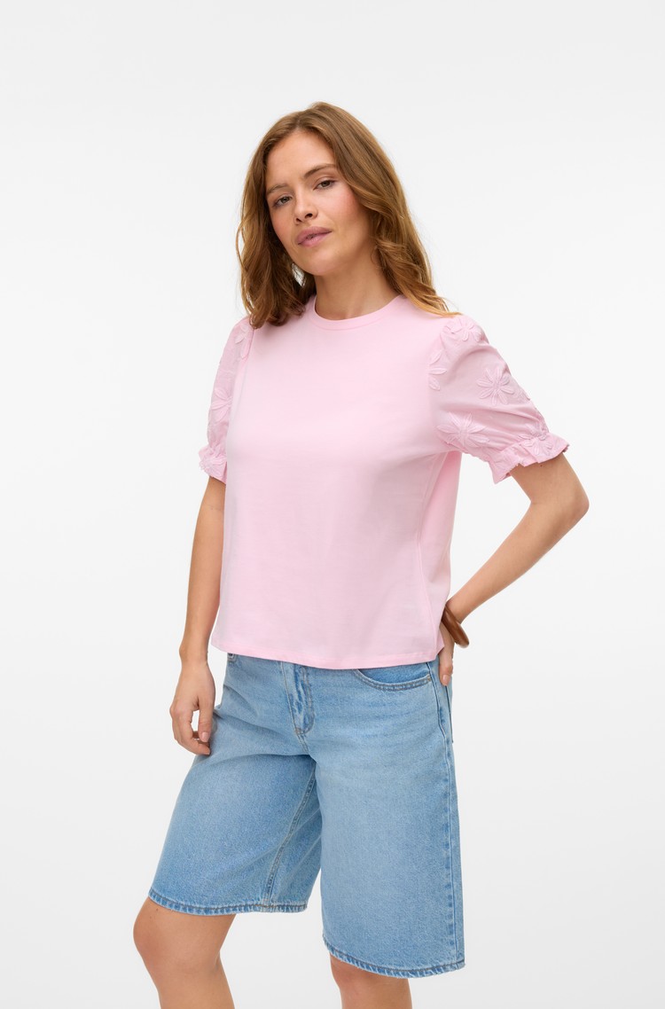 VERO MODA VMSENNA bombažna majica z napihnjenimi kratkimi rokavi Roza - Roseate Spoonbill 