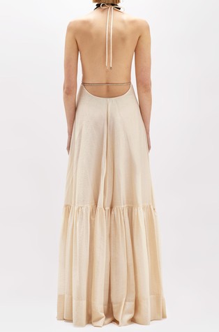 BLUGIRL Maxi dress with open back and shiny drawstring belt Beige 2
