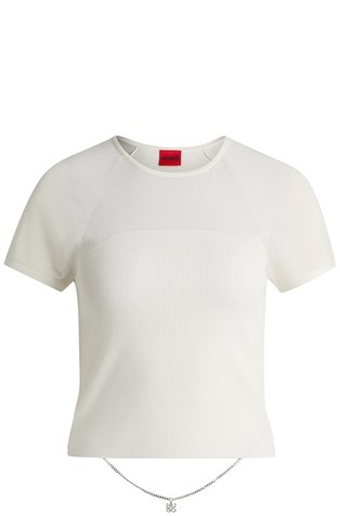 Rib-knit top with sheer panels and logo chain