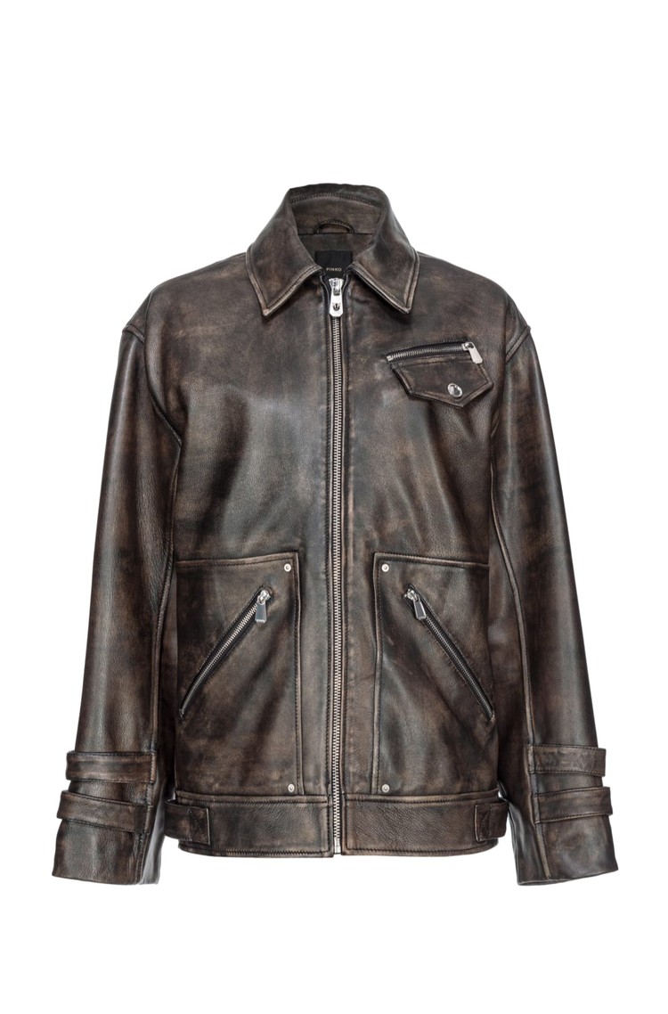 PINKO Relaxed fit usnjena srajčna jakna Rjava - Brown 