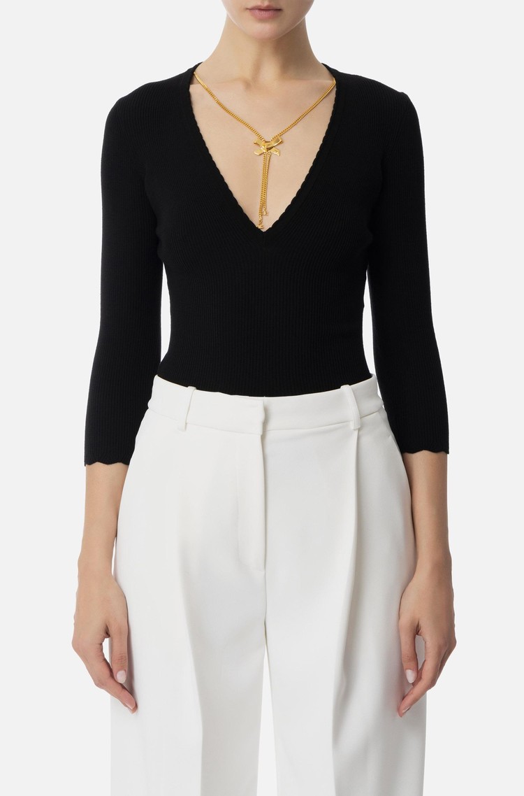 ELISABETTA FRANCHI Top in ribbed viscose fabric with necklace Black 