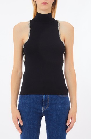 Sleeveless knit top with rhinestones