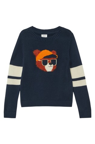 Knitted sweater with contrasting stripes and plush intarsia