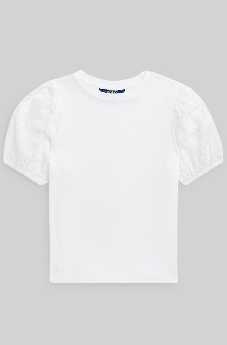 RALPH LAUREN Cotton-modal Eyelet-sleeve Top White / Tonal 