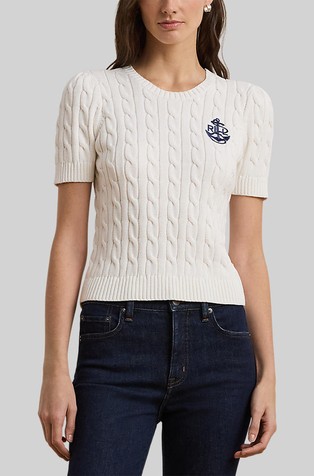 Strukturirano pleten bombažen pulover s kratkimi rokavi