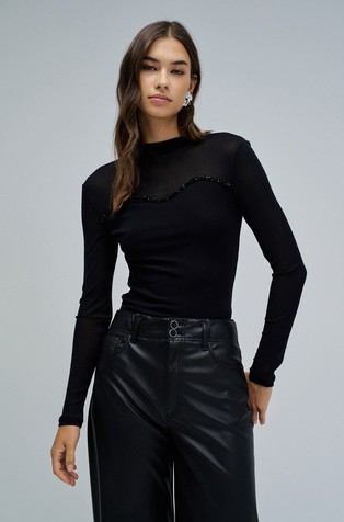 Majica iz tila z dolgimi rokavi in bleščicami