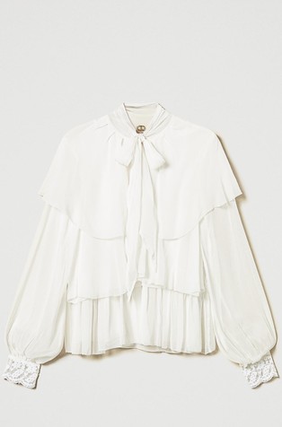 TWINSET Georgette blouse with flounces and lace White 2