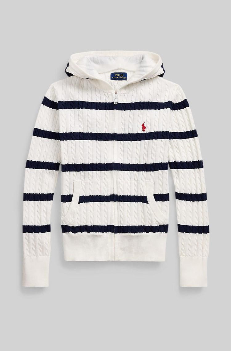 RALPH LAUREN Striped cotton hooded full-zip sweater Paper White / Newport Nvy Stripe 