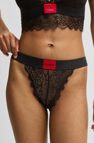 HUGO BOSS Čipkaste spodnje hlačke z logo pasom Črna - Black 3