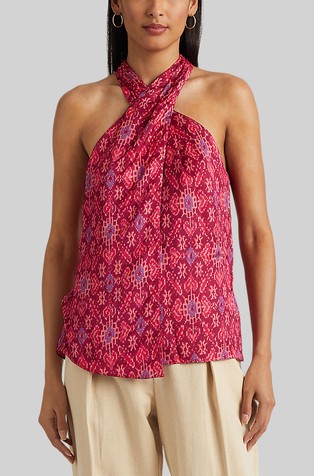 Geo-print shantung halter blouse