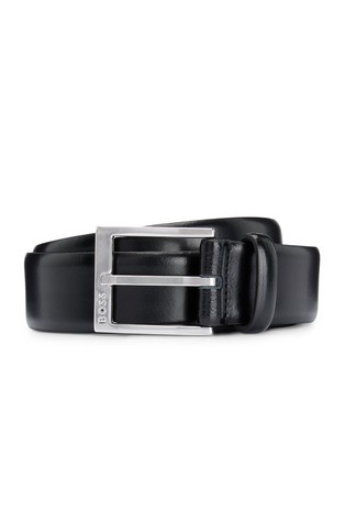 Leather belt with branded buckle