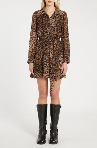 Srajčna obleka iz viskoznega žoržeta z leopardjim vzorcem