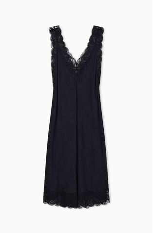 Jacquard viscose nightdress with a V-neckline and lace trim