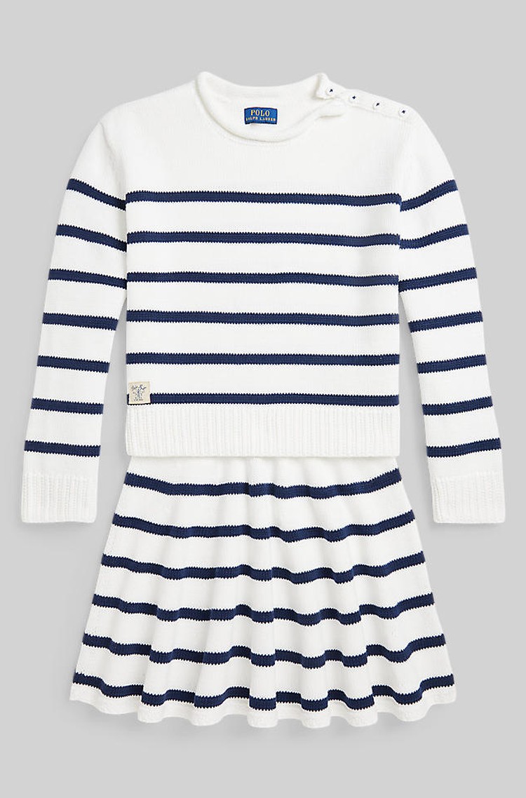 RALPH LAUREN Striped Cotton Sweater &amp; Skirt 2-piece Set Paper White / Newport 