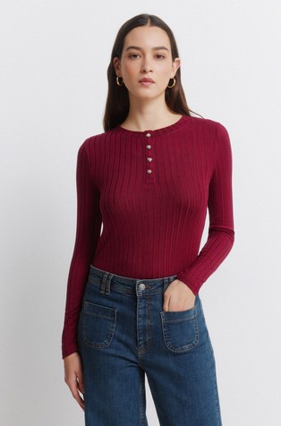 Rebrasta majica z dolgimi rokavi in gumbi