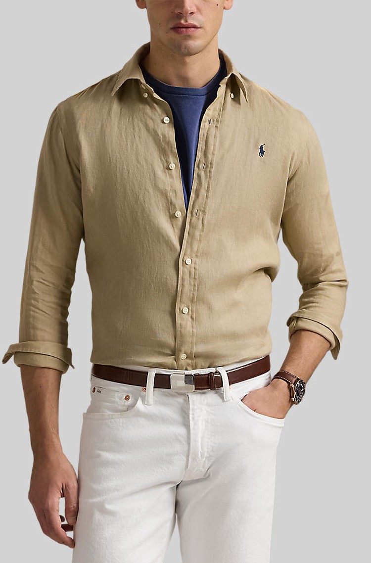 RALPH LAUREN Custom Fit Linen Shirt Coastal Beige 
