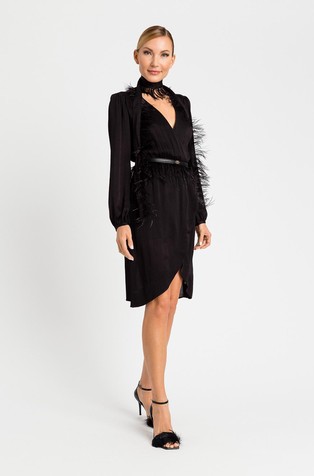 Short crêpe satin dress with feathers