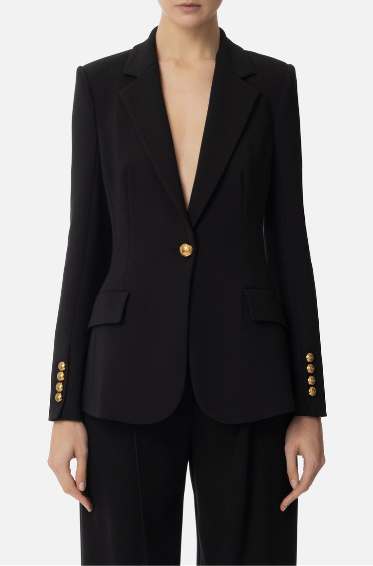 ELISABETTA FRANCHI Crêpe jacket with decorative back strap Black 