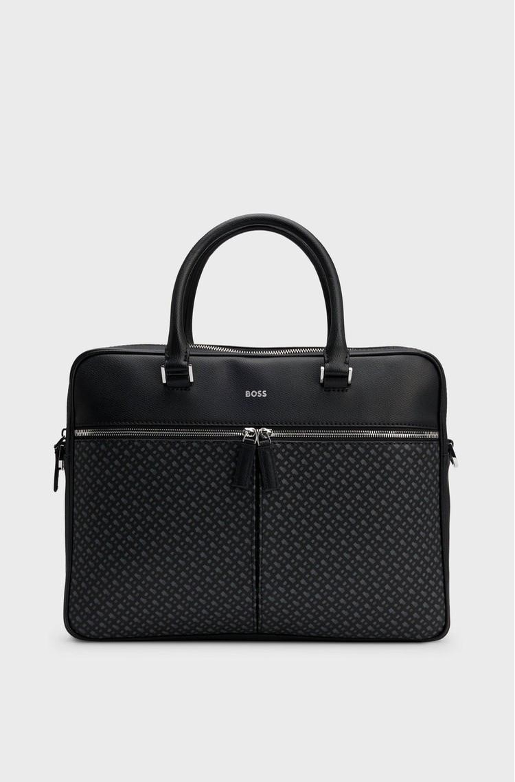 HUGO BOSS Monogram-panel document case in leather Black 