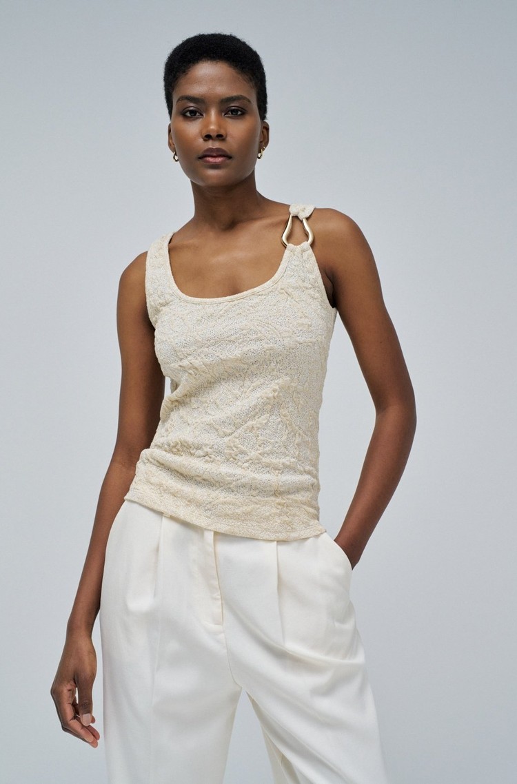 SALSA JEANS Textured lurex top with metallic detail Beige 